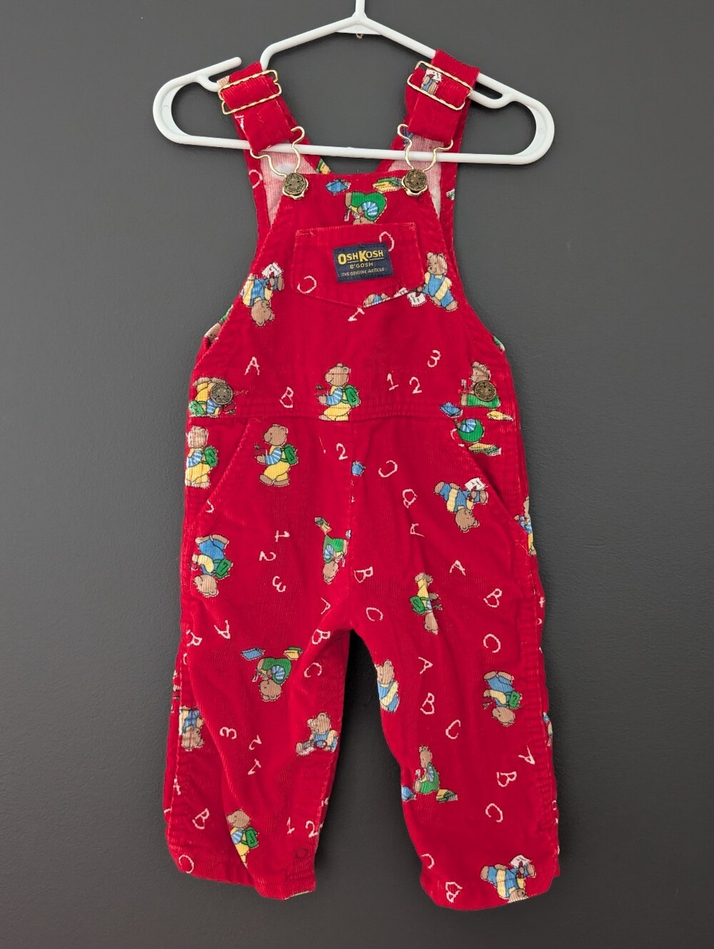 Vintage OshKosh B'gosh Red Corduroy Kids Overalls with Teddy & Alphabet Print